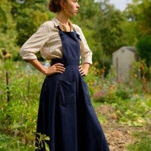 Robe-salopette bleue en gabardine 100% coton, vêtement de travail sur mesure pour femme
