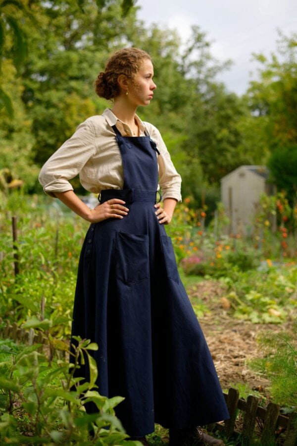 Robe-salopette bleue en gabardine 100% coton, vêtement de travail sur mesure pour femme